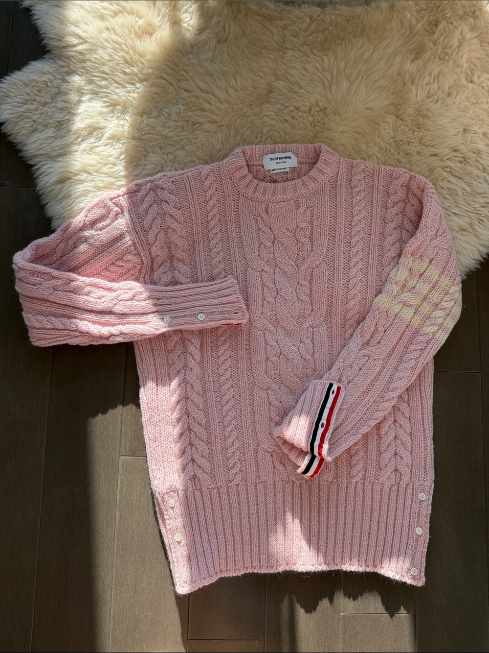 Thom Browne Pink Cable-Knit Crewneck Sweater with Tricolor Cuff